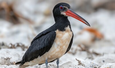 A striking bird with black plumage, a vibrant red beak, and creamy underparts stands on a sandy surface