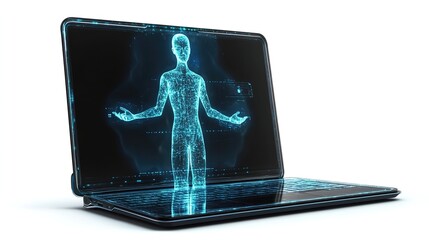 A Sleek, Ultra-Thin Foldable Laptop with a Flexible OLED Touchscreen, Advanced Biometric Security Scanner, and an AI-Integrated Digital Assistant Projected as a Holographic Figure