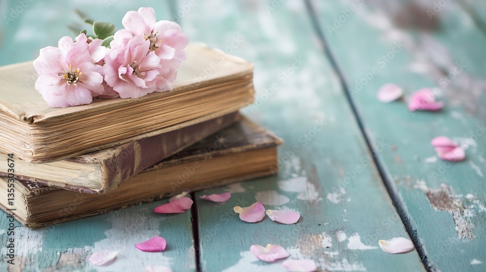 Poster stack of vintage books adorned with beautiful pink flowers on a rustic wooden table : generative ai