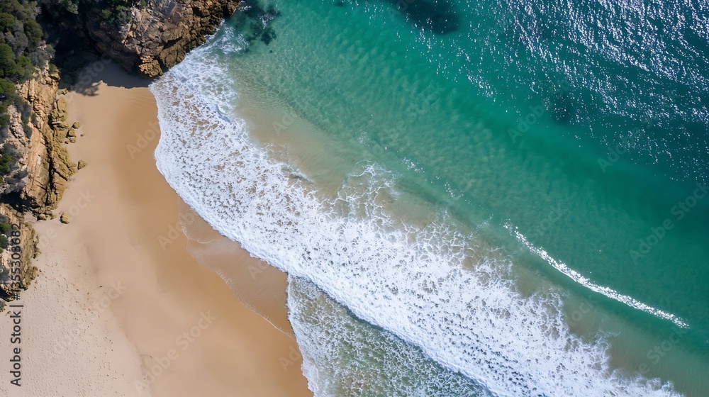 Poster Aerial view of a pristine beach with gentle waves and turquoise water inviting relaxation and nature appreciation : Generative AI