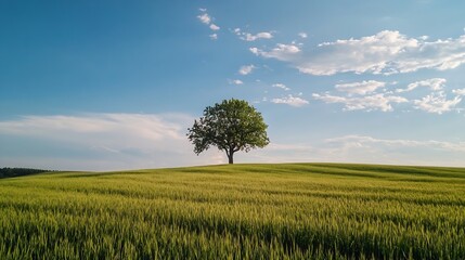A solitary tree standing majestically on a lush green hill under a bright blue sky : Generative AI
