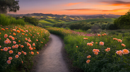 A calm rose field with winding paths meandering through vibrant flowers, leading to a distant view of rolling hills.