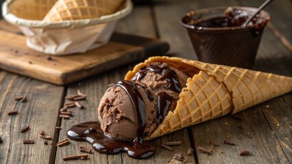 "Melting chocolate ice cream in a crispy waffle cone, with rich chocolate syrup drizzling down, placed on a rustic wooden table."