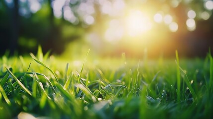 Naklejka premium Vivid closeup of fresh green grass illuminated by sunlight creating a serene outdoor atmosphere : Generative AI