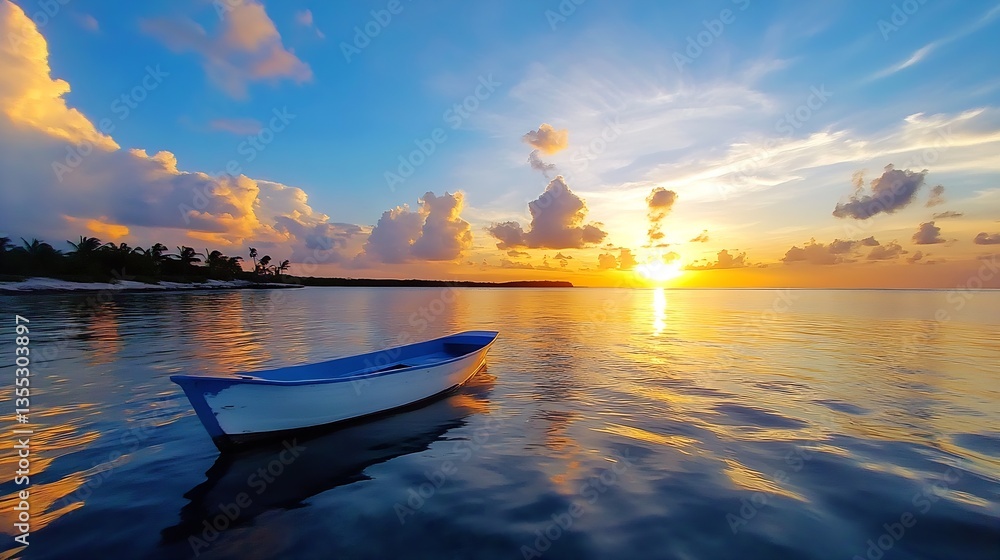 Poster beautiful seascape during sunset featuring a boat floating calmly on serene waters under colorful cl