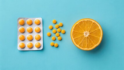 "Minimalist health concept featuring neatly arranged yellow-orange Vitamin C pills on a solid blue background, creating a modern and clean look."