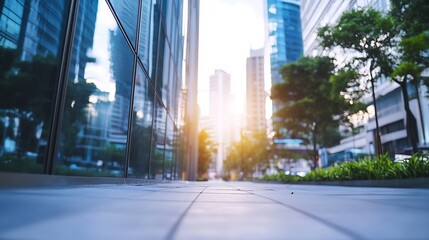 Fototapeta premium Urban landscape captured from a low angle showcasing modern buildings and sunlight in the city : Generative AI