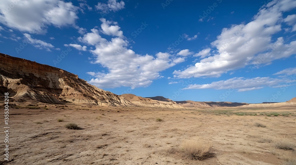Poster breathtaking arid landscape with dramatic cliffs and scattered clouds in the sky : generative ai
