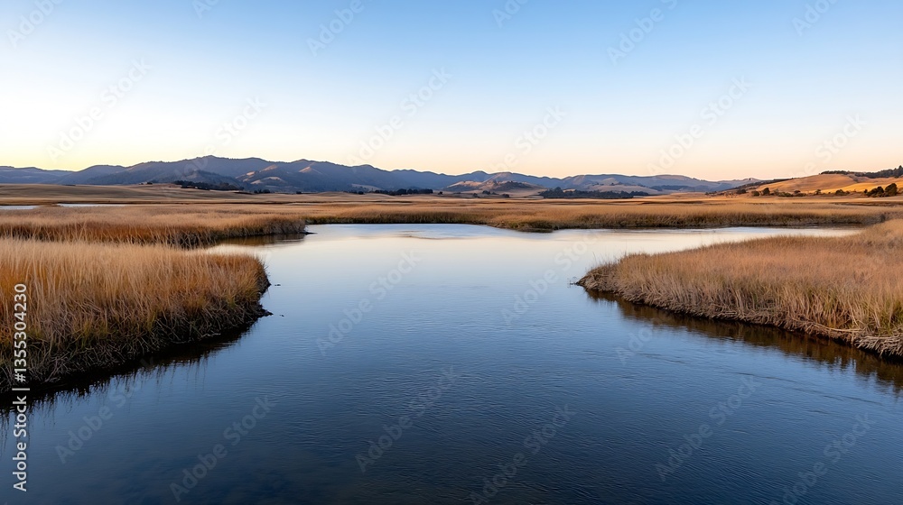 Poster scenic view of a tranquil river winding through golden grasslands under a clear sky : generative ai