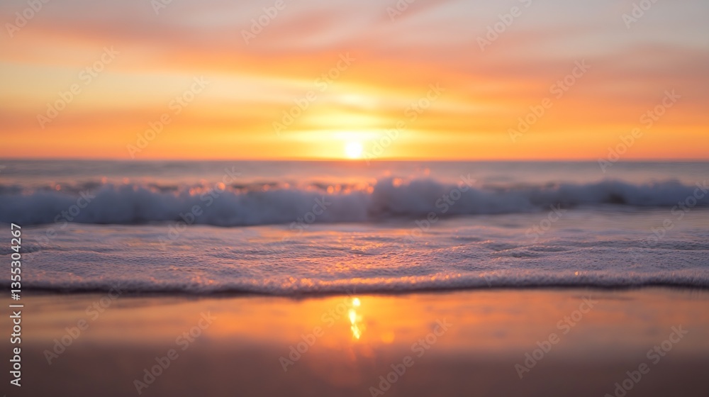 Poster tranquil sunset over the ocean with waves gently lapping on the sandy shore : generative ai