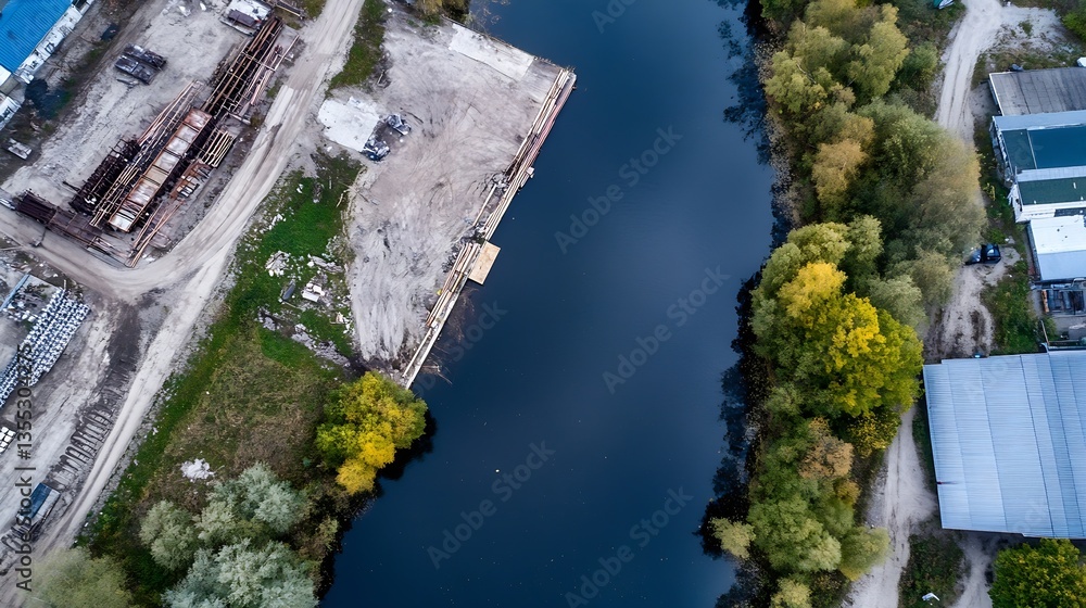Poster aerial view of a calm river bordered by trees showcasing contrasting colors of nature : generative a