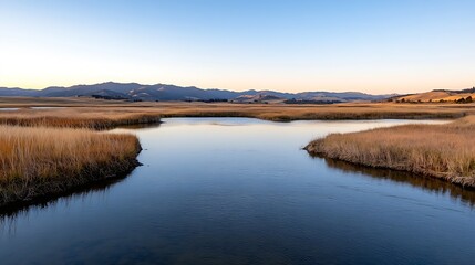 Fototapeta premium Scenic view of a tranquil river winding through golden grasslands under a clear sky : Generative AI