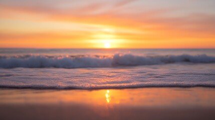 Obraz premium Tranquil sunset over the ocean with waves gently lapping on the sandy shore : Generative AI