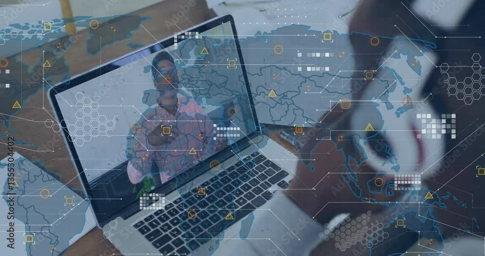 Aufkleber video conferencing on laptop, person using animation with global network data