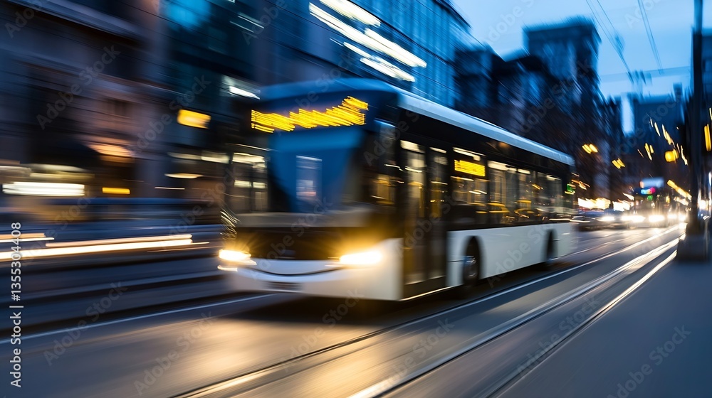 Aufkleber dynamic city bus in motion during twilight showcasing urban transport efficiency : generative ai