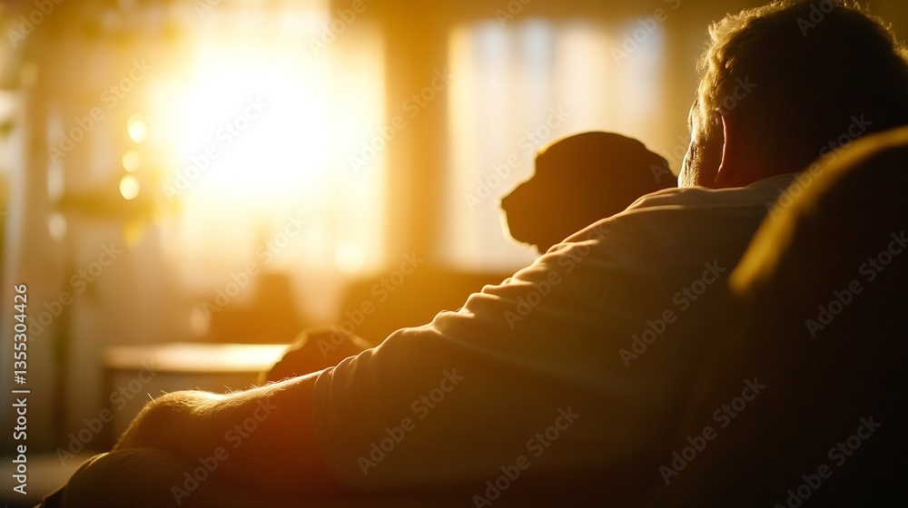 Aufkleber heartwarming scene of a man relaxing with his dog during a beautiful sunset at home : generative ai