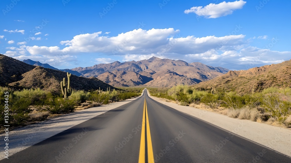 Poster an expansive highway stretching through a picturesque desert landscape with mountains and blue skies