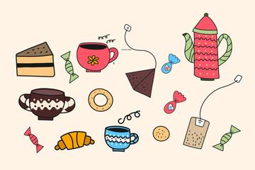 Set of teapots, cups and sweets in the doodle styleai