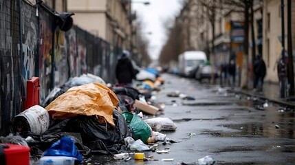 Obraz premium Unkempt urban street filled with litter and trash indicating issues of waste management in city life : Generative AI
