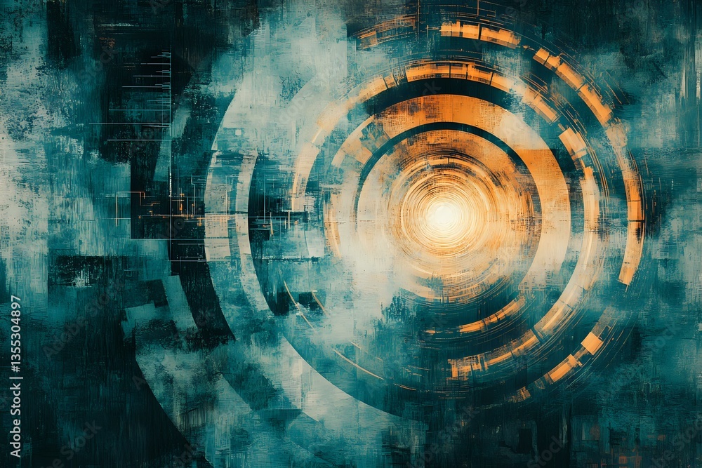 Poster abstract circular pattern in orange and teal colors with glowing center point on textured background