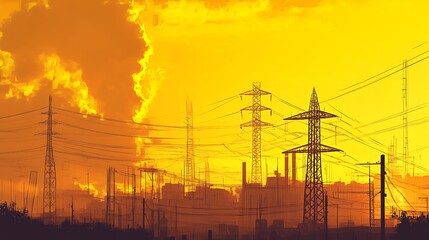 Densely built industrial area with power lines, factories emitting smoke, and vivid yellow-orange polluted sky highlighting environmental impact