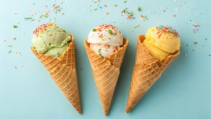 "Three waffle cones filled with different ice cream flavors—mango, pistachio, and coconut—arranged in a row against a pastel blue background."