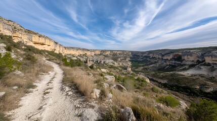 Naklejka premium Majestic Mountain Trail Winding Through a Lush Valley Under Blue Sky : Generative AI