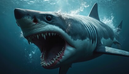 Naklejka premium Big aggressive shark with sharp teeth, open jaws swims underwater. Dangerous predator in deep blue ocean water. Marine wildlife, underwater environment, sea animal. Digital 3D illustration. Ocean