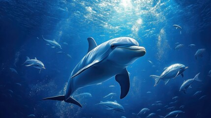 Obraz premium Dolphins swimming in the deep blue ocean, surrounded by schools of silver fish