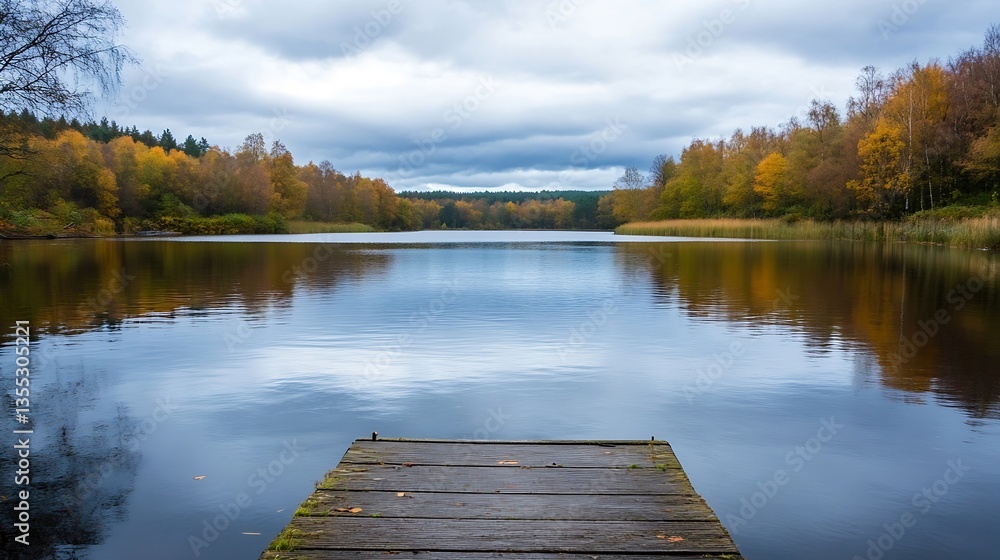 Poster tranquil lake surrounded by autumn trees reflecting colors under a dramatic sky : generative ai