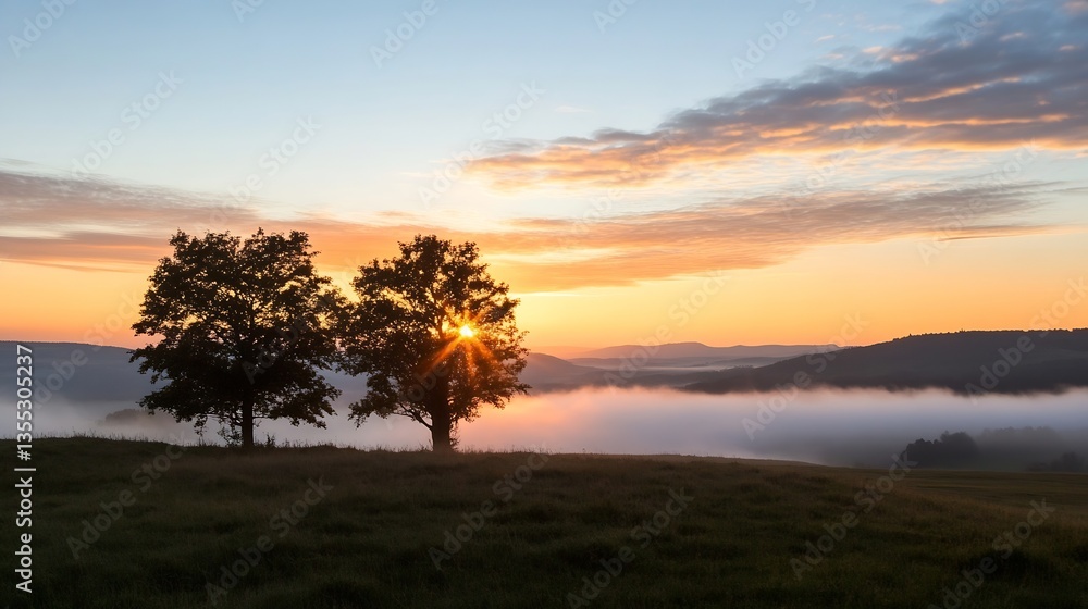 Aufkleber sunrise over rolling hills with silhouette of two trees : generative ai