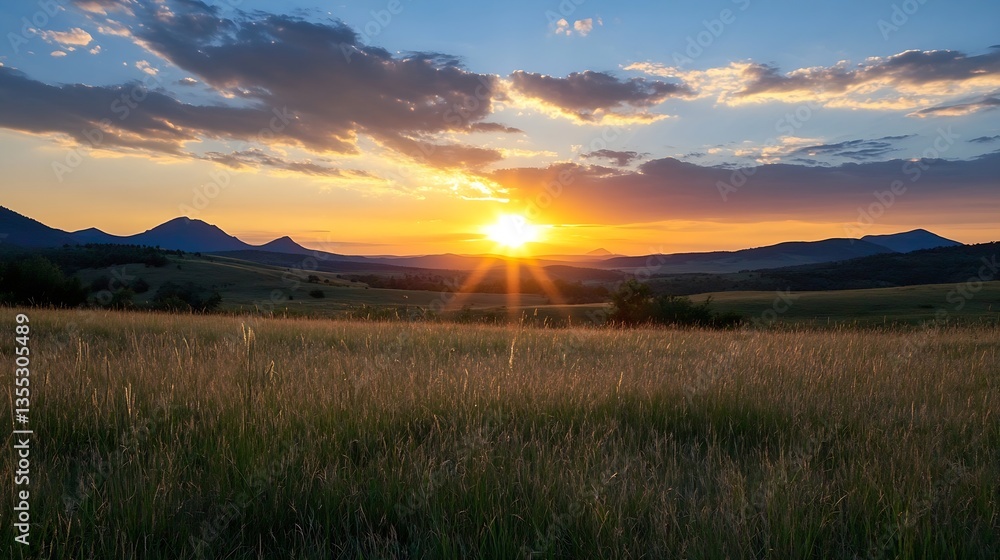 Poster stunning sunset view over rolling hills with vibrant colors illuminating the tranquil landscape : ge