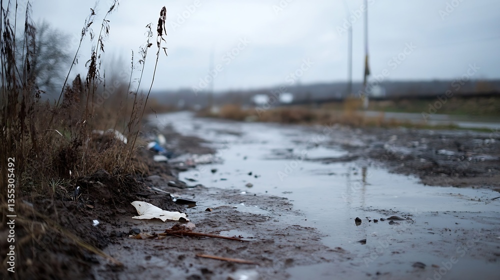 Poster muddy road surrounded by wild grass and cloudy sky capturing the essence of an overcast day : genera