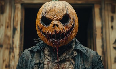 A terrifying figure with a carved pumpkin head, dripping blood, stands before a rustic wooden building
