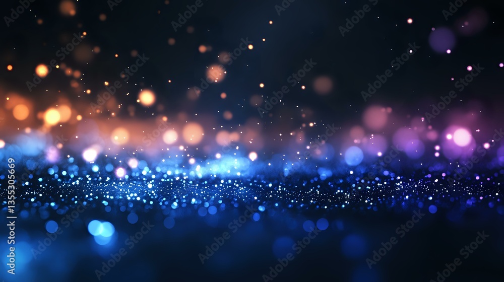 Poster magical glowing blue and orange bokeh lights on dark background with sparkle effect and defocused pa