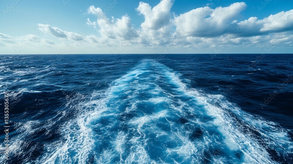 Aufkleber Tranquil View of the Ocean Waves Leaving a Trail Behind with Beautiful Clouds Under a Clear Blue Sky : Generative AI