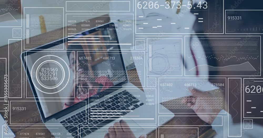 Poster digital data processing animation over person using laptop in modern office