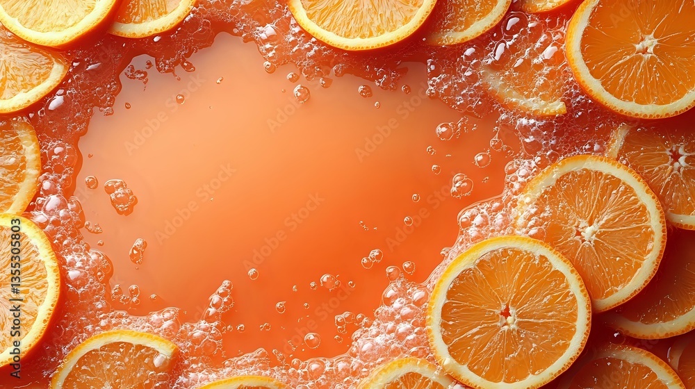 Poster fresh orange slices arranged in frame border with water splashes and drops on vibrant coral backgrou