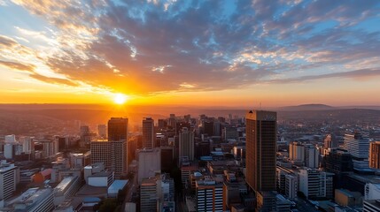 Fototapeta premium Breathtaking sunset view over a vibrant city skyline with illuminated buildings : Generative AI