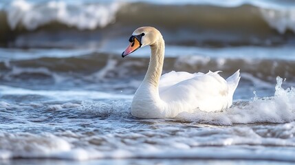Fototapeta premium Elegant white swan gracefully swimming in the clear blue ocean waves illuminating the beauty of nature : Generative AI