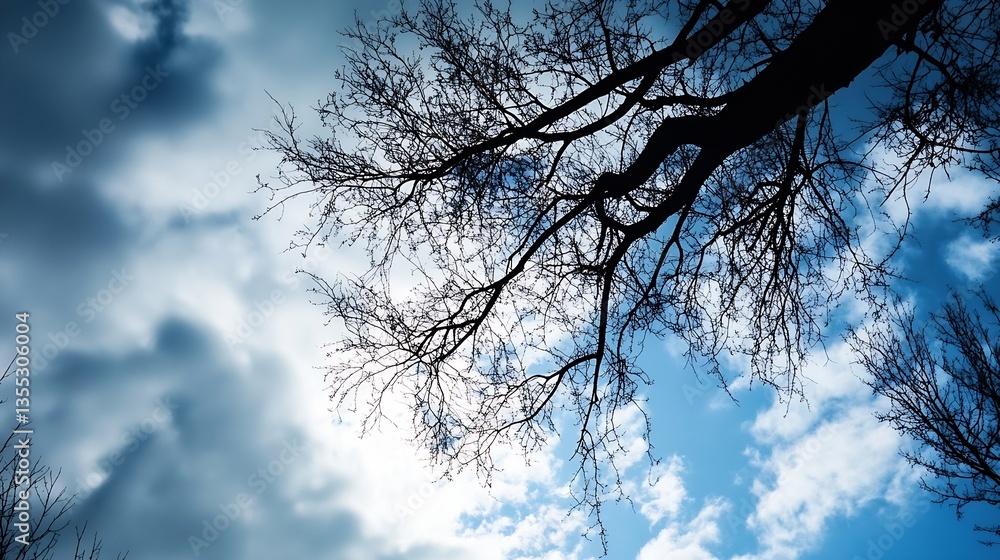 Poster Silhouette of a Leafless Tree Against a Dramatic Sky Filled with Clouds and Soft Light : Generative AI