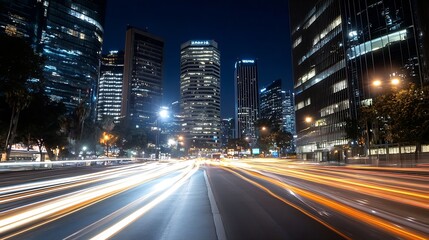 Fototapeta premium Vibrant cityscape at night with illuminated skyscrapers and light trails from moving vehicles : Generative AI