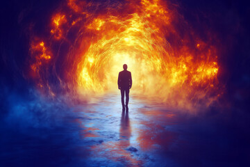 Fototapeta premium Pixelated Silhouette of Man Walking Through Fiery Portal on Reflective Surface Digital Art with Glowing Blue and Orange Tones Underneath a Bright Sky