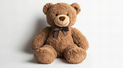 Obraz premium Cute soft teddy bear sitting upright on white background, adorable stuffed toy for nursery decor, children birthday gift, baby shower, childhood memory, interior accent, and playful product mockup