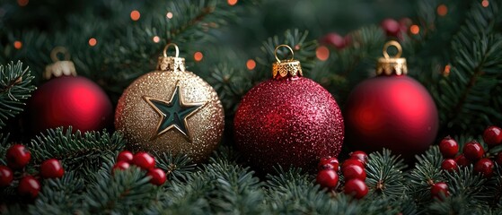 Fototapeta premium Festive ornaments nestled amongst evergreen boughs and red berries, creating a classic holiday scene