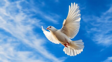 Fototapeta premium Majestic white dove in flight against a bright blue sky symbolizing peace and freedom : Generative AI