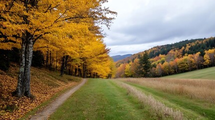 Fototapeta premium Scenic autumn path lined with vibrant yellow trees and rolling hills under a cloudy sky : Generative AI