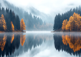 Fototapeta premium Misty Lake with Autumn Trees Reflection.