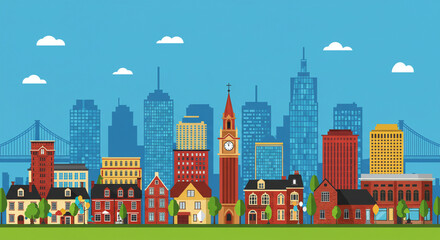 Obraz premium A vibrant, colorful city skyline illustration with a mix of modern and traditional architecture, blending contemporary glass skyscrapers