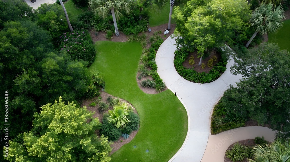 Poster aerial view of beautifully landscaped garden pathways and lush greenery in a serene environment : ge